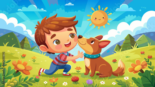 A Little boy kisses the dog in the field in summer day. Friendship, care, happiness, Cute child with doggy pet portrait at nature in the morning. 