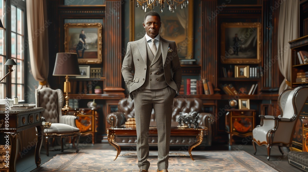 Man in a Grey Suit Standing in a Luxurious Library Man in a Grey Suit Standing in a Luxurious Library