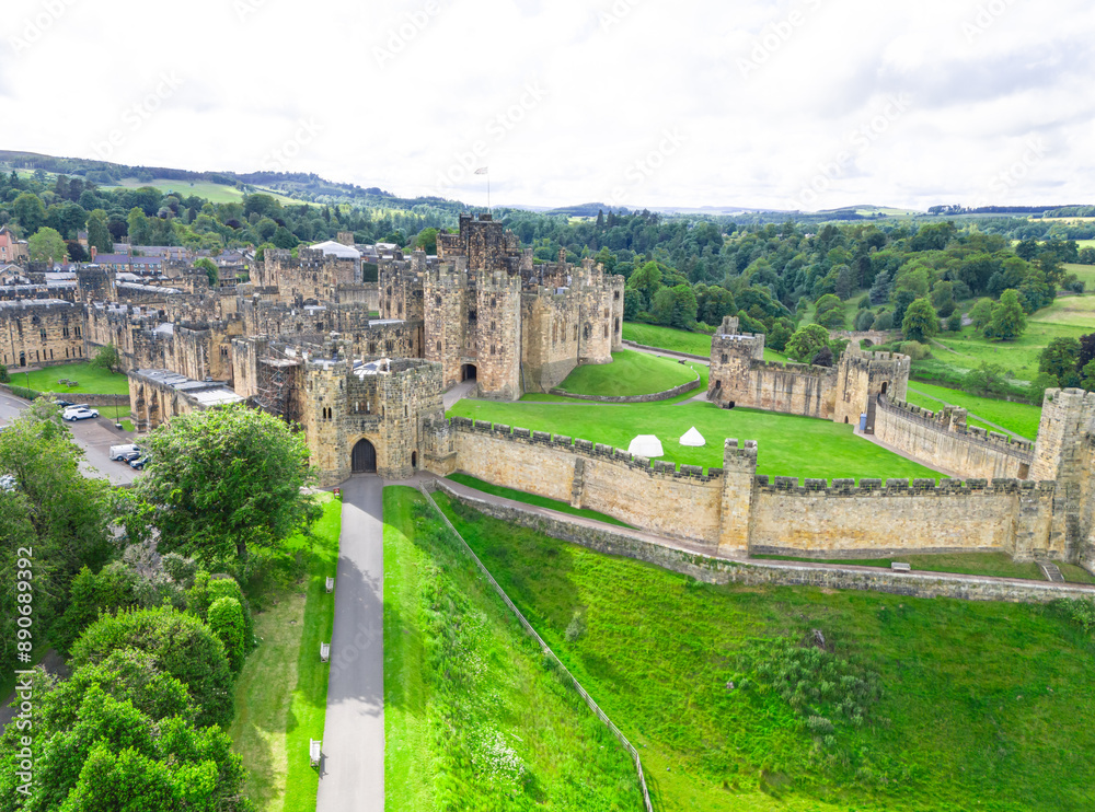 Fototapeta premium Alnwick, Northumberland, UK, June 18, 2024; aerial view of Alnwick Castle, Alnwick, Northumberland, England, UK.