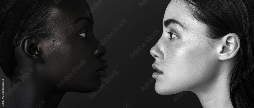Artistic black-and-white profile portraits of two contrasting individuals in a powerful and intimate visual composition. Artistic black-and-white profile portraits of two contrasting individuals in a powerful and intimate visual composition.