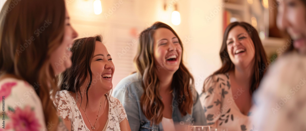 Obraz premium Women joyously laughing together in a cheerful indoor setting, capturing a moment of happiness, friendship, and genuine camaraderie.