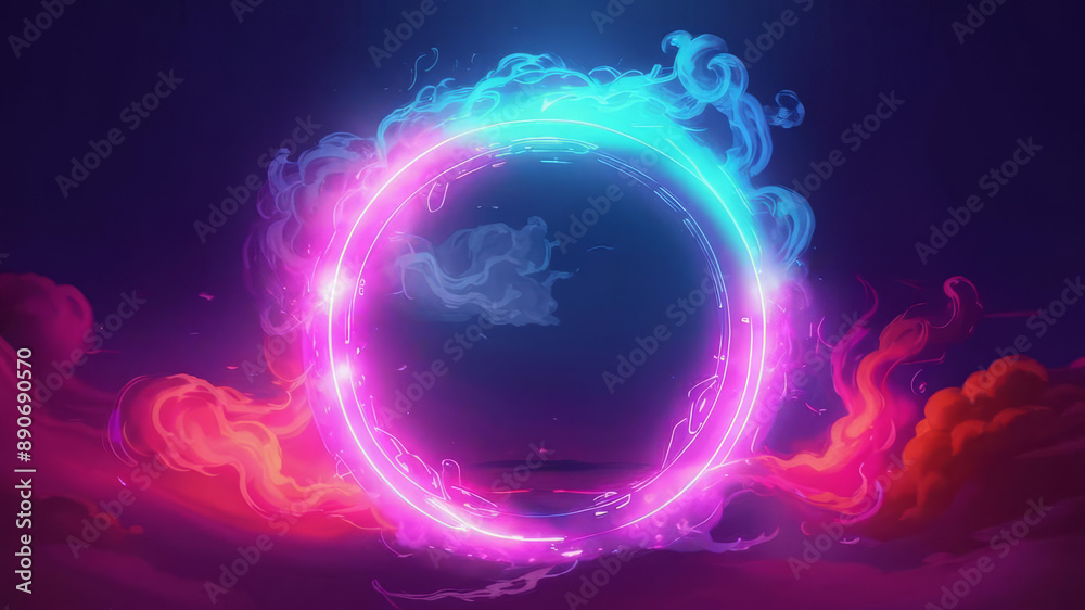 A cosmic landscape with a neon circle and smoke. Multicolored paints. Dark background. Fantasy. AI
A cosmic landscape with a neon circle and smoke. Multicolored paints. Dark background. Fantasy. AI