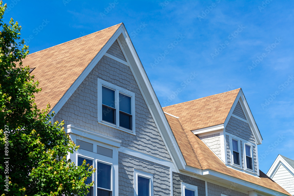 Newly Built Classic Style Family House Facade with Attic Space and Dormer Window, Brighton, Massachusetts, USA Newly Built Classic Style Family House Facade with Attic Space and Dormer Window, Brighton, Massachusetts, USA