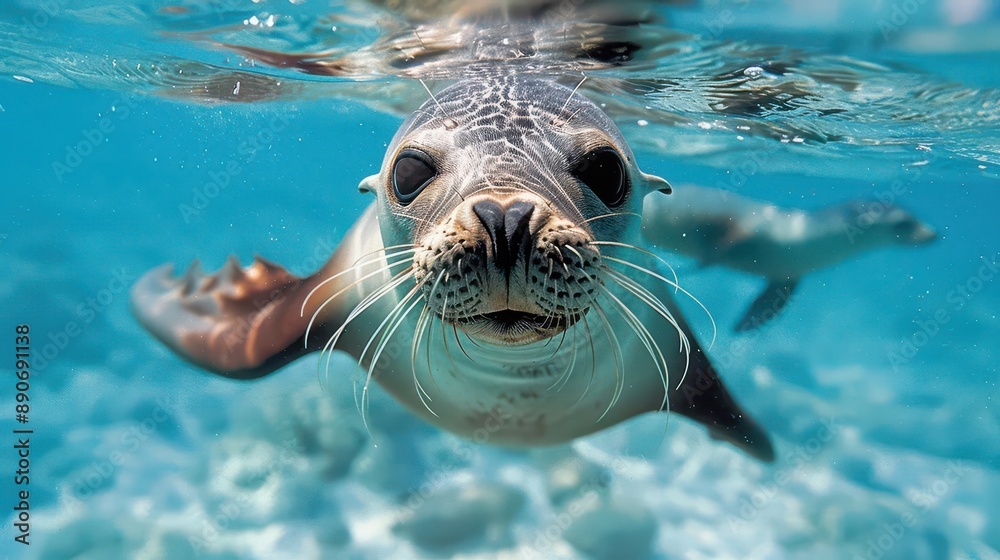 Close-up of a playful seal swimming underwater in crystal clear turquoise water, capturing the beauty of marine life.
