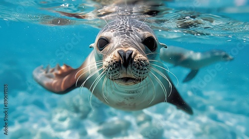 Obraz na płótnie Close-up of a playful seal swimming underwater in crystal clear turquoise water, capturing the beauty of marine life. w salonie