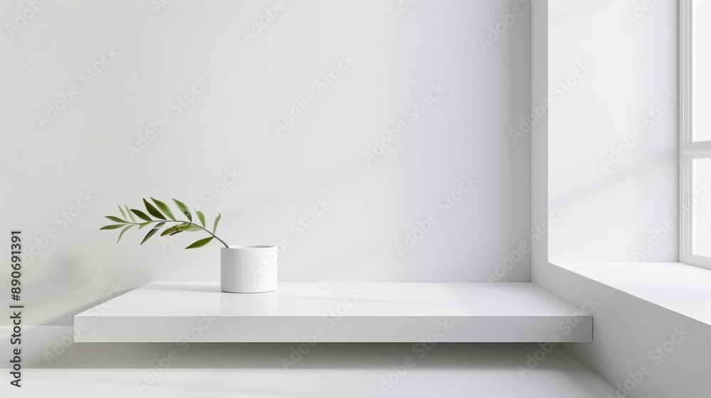 A white vase with green leaves sits on a white shelf in a room with a window A white vase with green leaves sits on a white shelf in a room with a window