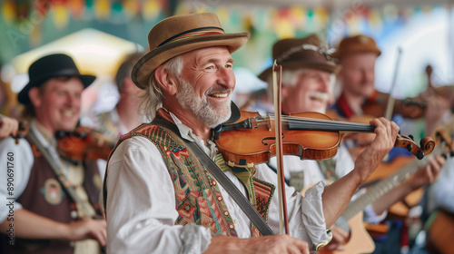 Joyful folk musicians performing at a festival photo