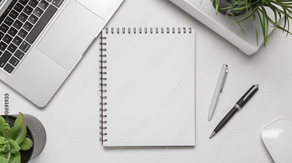 A blank white notebook on the desk with pen, laptop and green plant, top view, A blank white notebook on the desk with pen, laptop and green plant, top view,