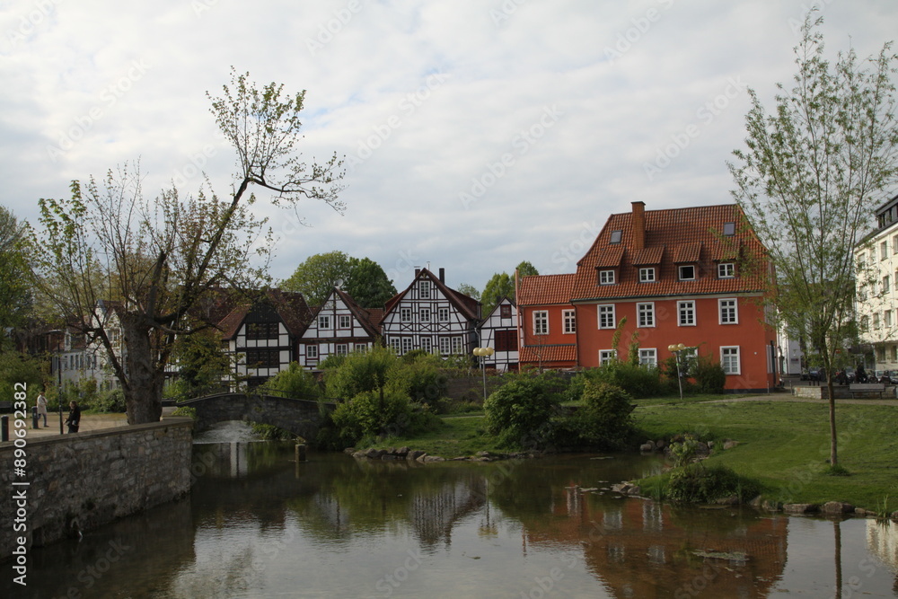 half-timbered houses with springs of the river pader in the foreground, paderborn, nrw, germany, half-timbered houses with springs of the river pader in the foreground, paderborn, nrw, germany,