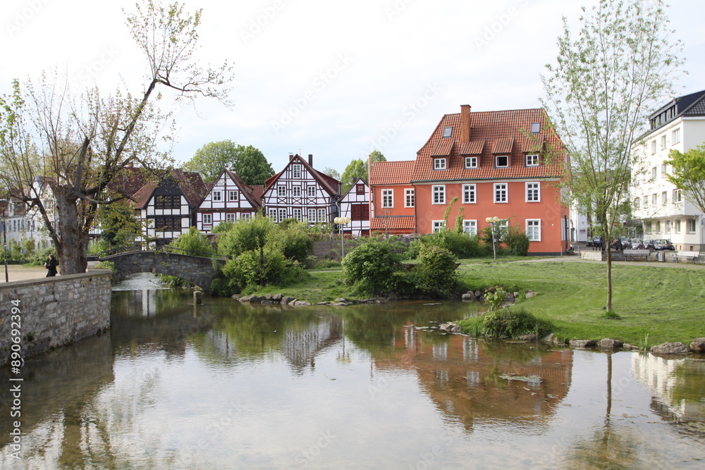 half-timbered houses with springs of the river pader in the foreground, paderborn, nrw, germany, half-timbered houses with springs of the river pader in the foreground, paderborn, nrw, germany,