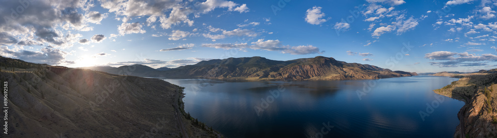 Aerial Panoramic View of Desert Landscape with Mountains and Lake. Aerial Panoramic View of Desert Landscape with Mountains and Lake.