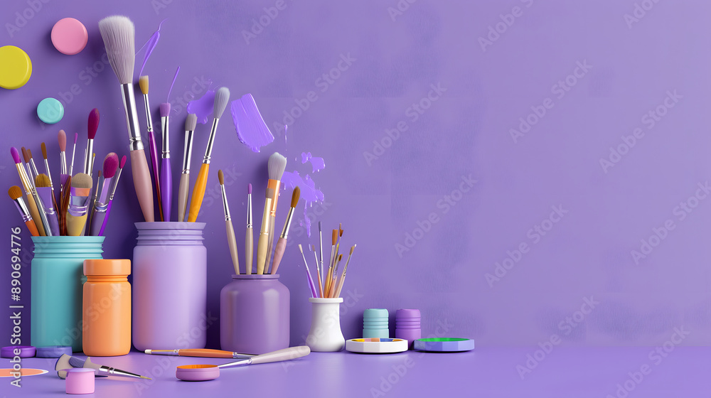 Back to school concept, 3D Rendering of Art Supplies on a solid Background Back to school concept, 3D Rendering of Art Supplies on a solid Background
