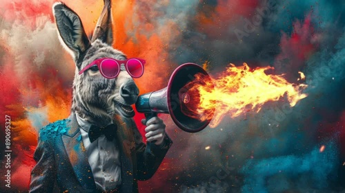 Fashionable donkey Wearing tuxedo and Sunglasses Holding Megaphone Against colorful cloud Background