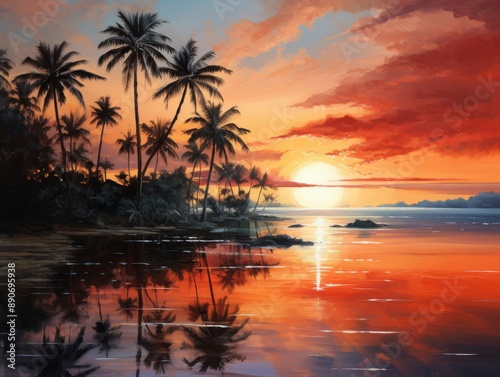 Gorgeous Tropical Sunset with Palm Trees and Reflections © Vadim_Drigin