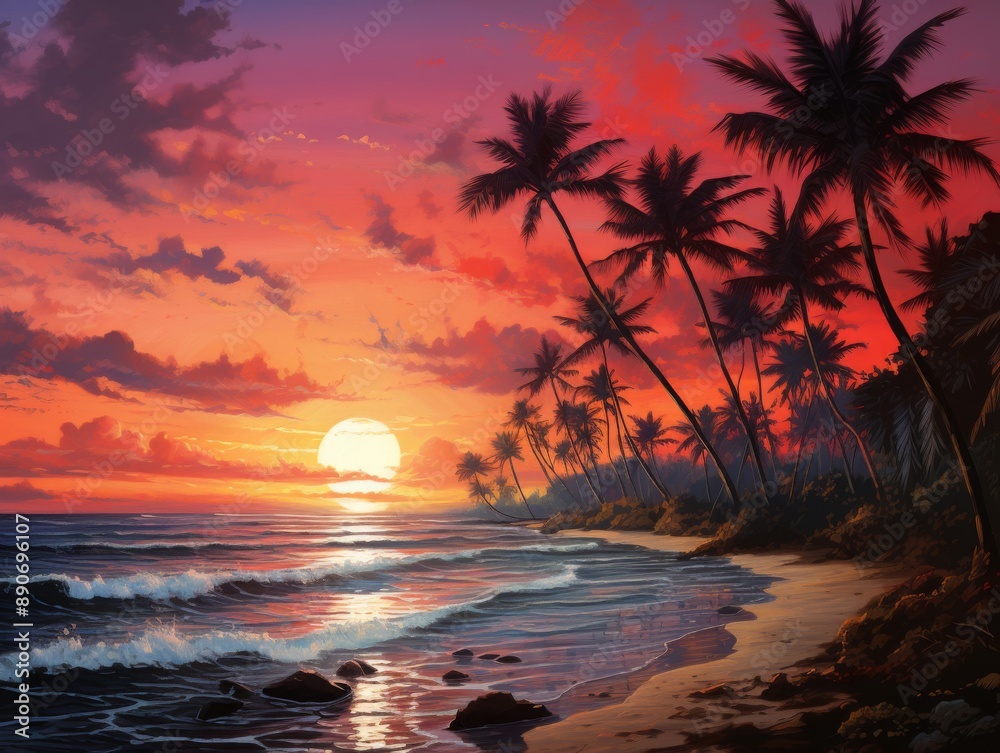 Dramatic Tropical Sunset with Palm Trees and Ocean Waves Dramatic Tropical Sunset with Palm Trees and Ocean Waves