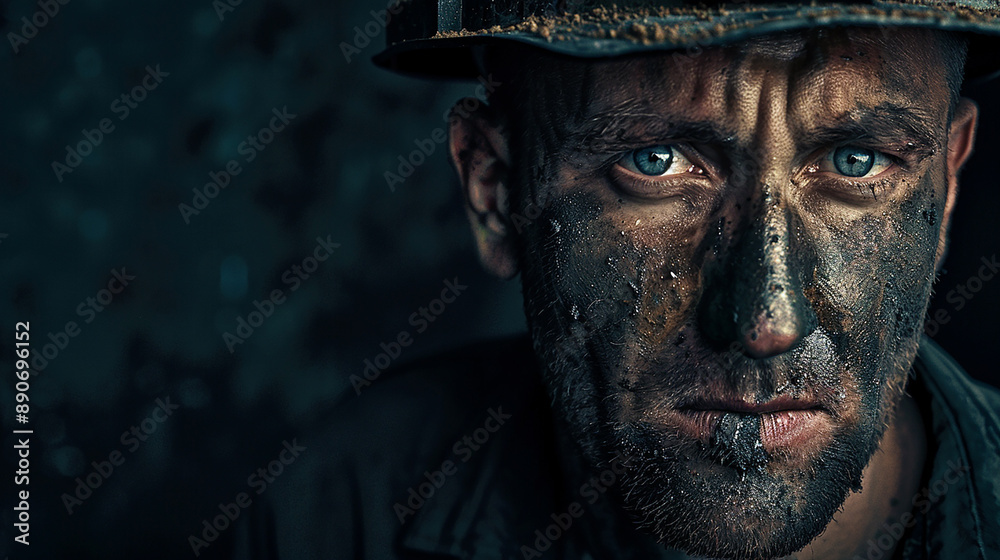 A miner with a dirty, soot-covered face, staring intensely, symbolizing the hardships and resilience of mining workers. A miner with a dirty, soot-covered face, staring intensely, symbolizing the hardships and resilience of mining workers.