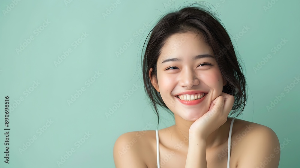 Smiling Woman with Long Dark Hair Posing Against a Green Background Smiling Woman with Long Dark Hair Posing Against a Green Background