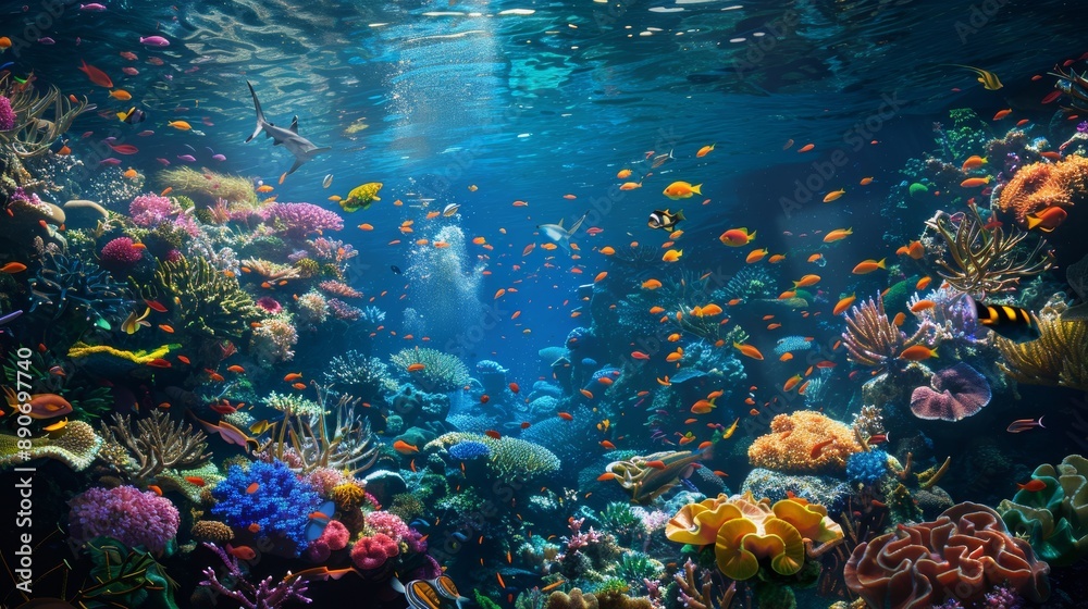 Obraz premium Wide view of a coral reef teeming with life.