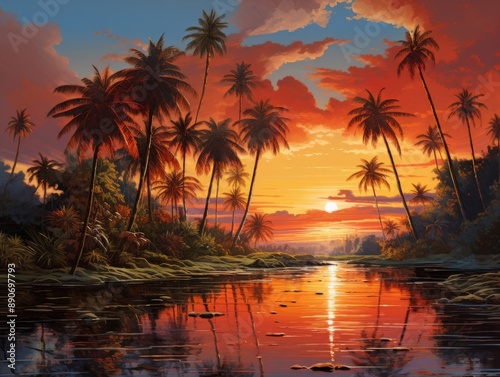 Tropical Sunset with Palm Trees Reflecting in Calm Water