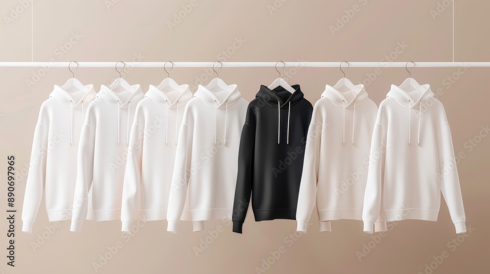 A row of white hoodies hanging on a rack A row of white hoodies hanging on a rack