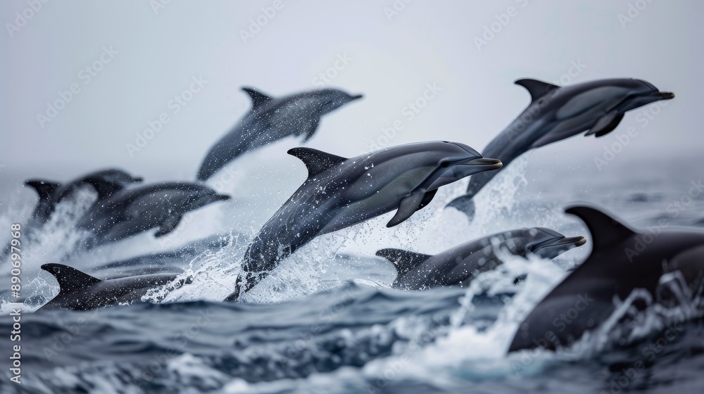 Naklejka premium Wide view of a pod of dolphins jumping. 
