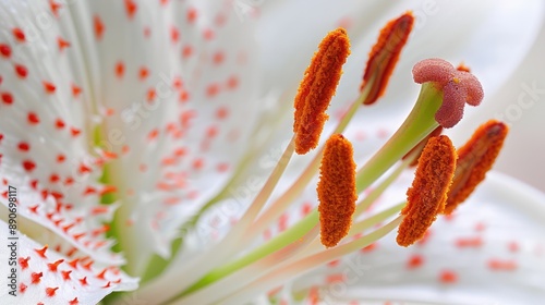 Zoom in on the stamen and pistil of a lily