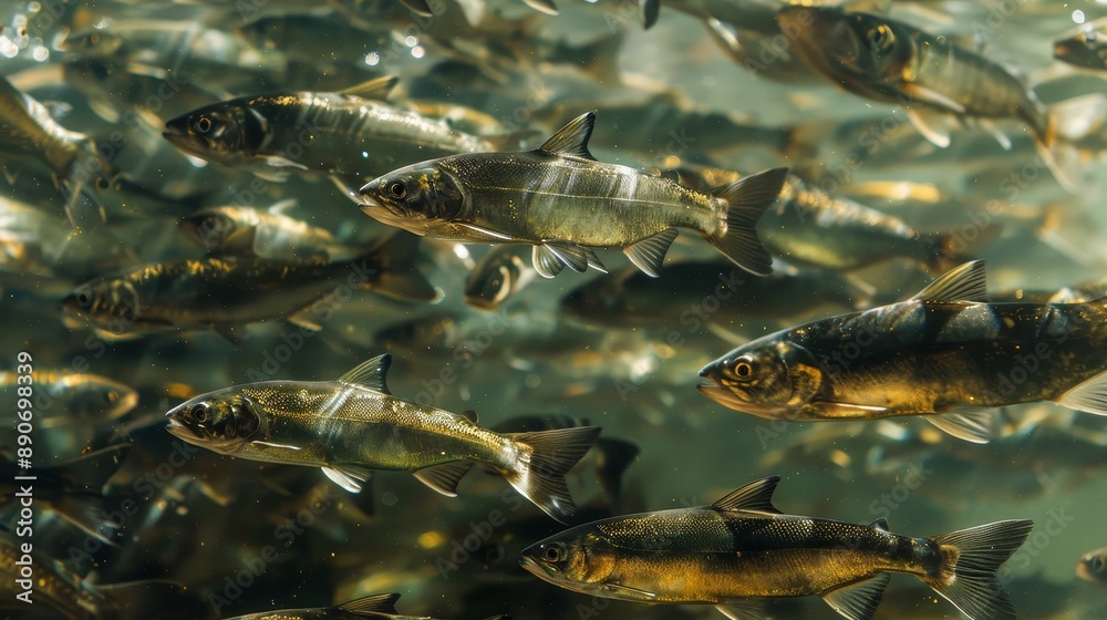 Obraz premium Wide view of a school of herring. 