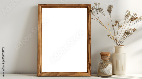 Wooden frame mockup on light grey table, modern rustic, transparent canvas, iso A paper size