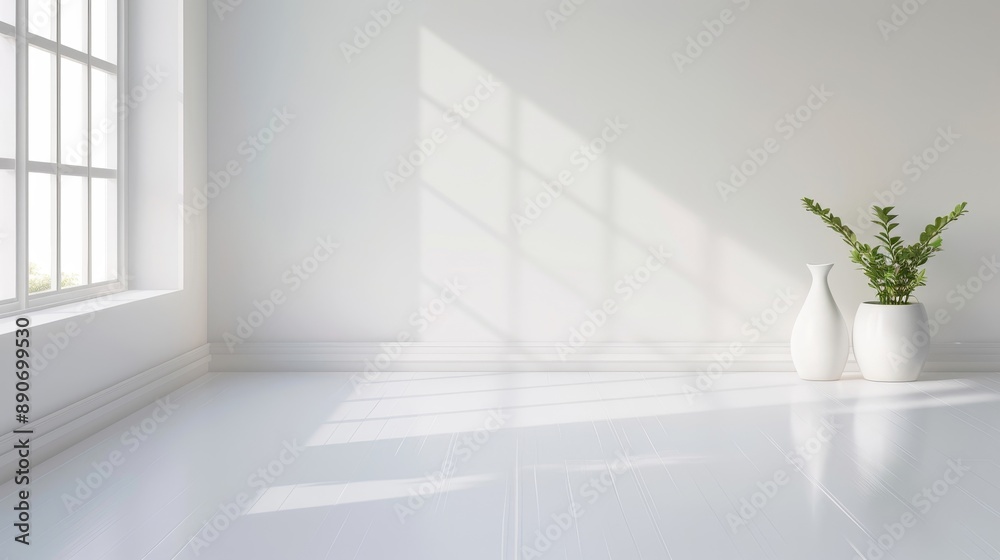 A white wall with a plant in a white pot