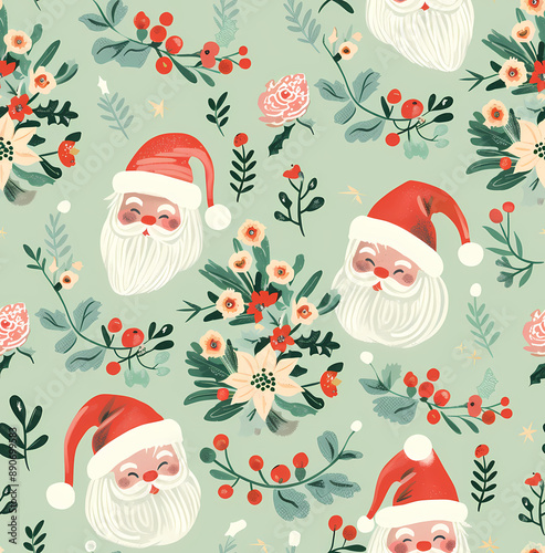 Charming Santa Claus Design on Soft Green Fabric: Cartoon Wallpaper Style