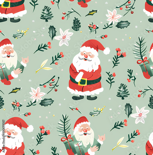 Playful Cartoon Santa Claus on Light Green Fabric: Festive Wallpaper Art