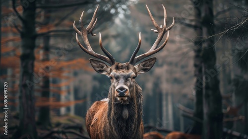 Close-up of a majestic stag in the woods.