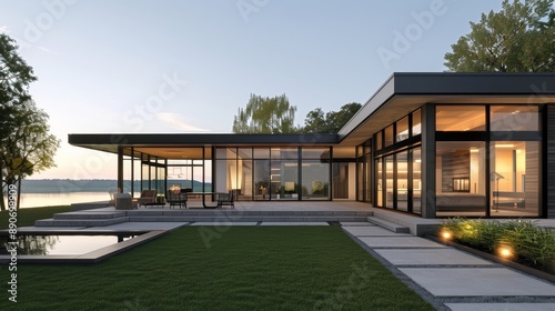 A large house with a pool and a tree in the yard