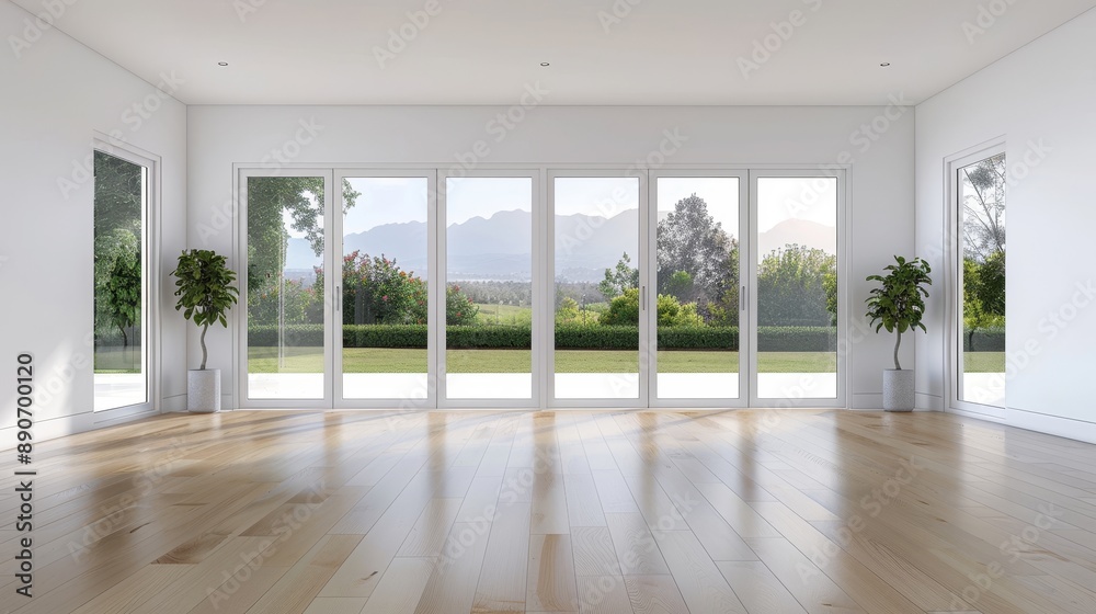 A large window with a view of trees and a white room A large window with a view of trees and a white room