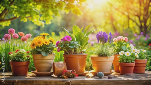 A Row of Blooming Flowers in Terracotta Pots on a Wooden Table, Gardening , Spring Flowers , Sunlit , Potted Plants © BrilliantPixels