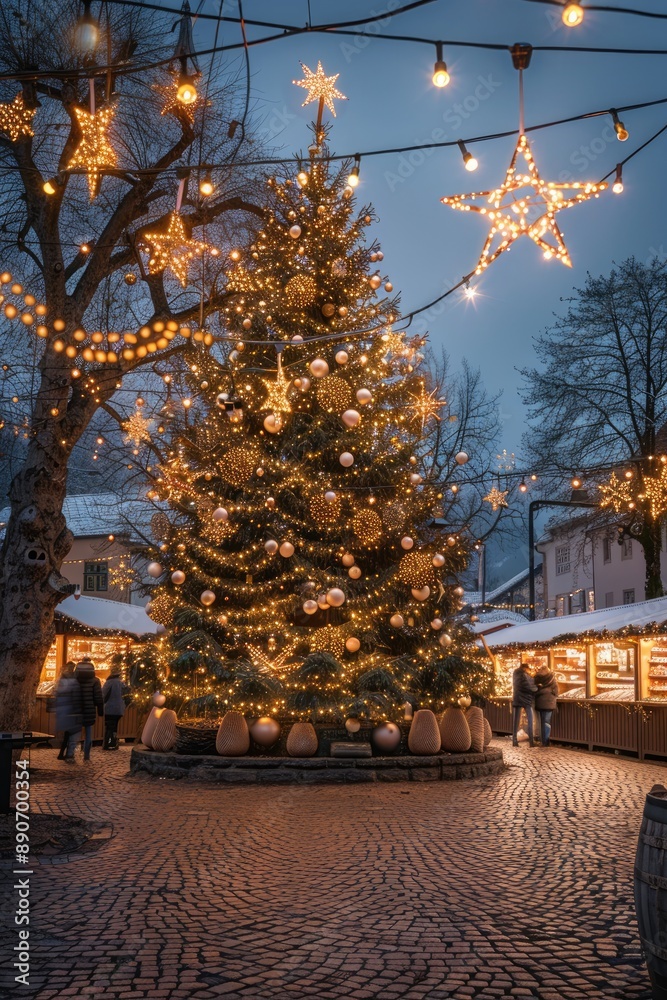 Obraz premium A high-definition photograph of a large Christmas tree in a town square, adorned with lights and ornaments, evening shot.