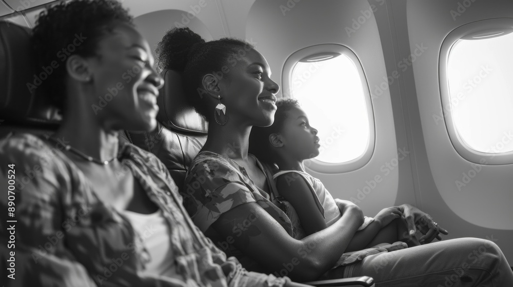 Three women and a child are sitting in an airplane, smiling and laughing Three women and a child are sitting in an airplane, smiling and laughing