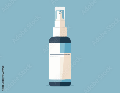 Beige and blue medicine bottle isolated. White label. Flat style. Throat spray. Pharmacy and health care. Medication, pharmaceutical concept. Antibiotic therapy. Pneumonia and coronavirus treatment 