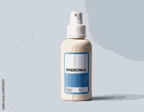 Beige and blue medicine bottle isolated. White label. Flat style. Throat spray. Pharmacy and health care. Medication, pharmaceutical concept. Antibiotic therapy. Pneumonia and coronavirus treatment 