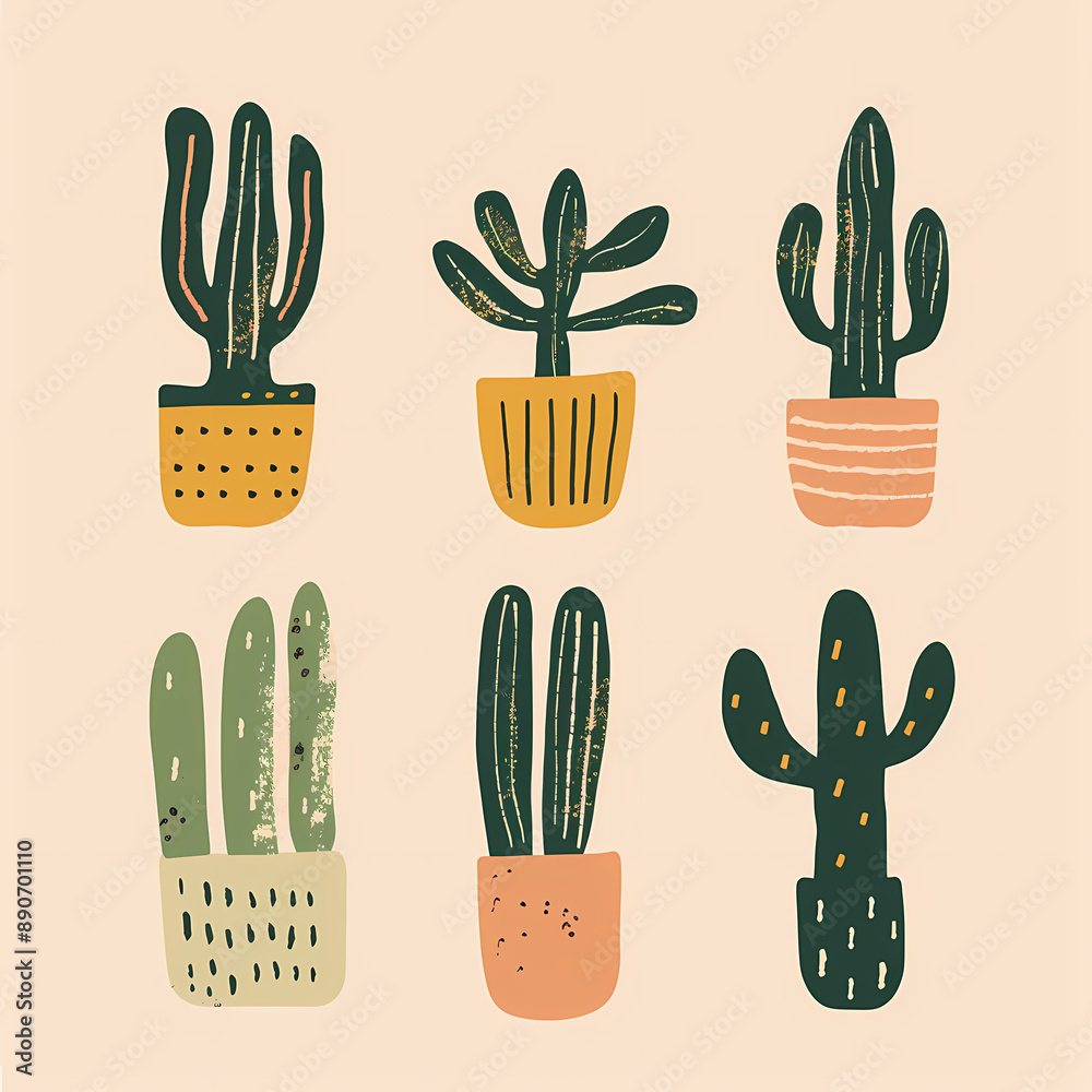 Fototapeta premium Minimalist Cactus Clipart – Set of 6 Abstract Plant Designs