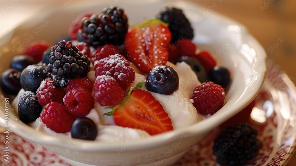 A rich, creamy dessert topped with fresh berries A rich, creamy dessert topped with fresh berries