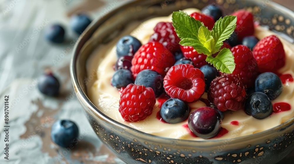 A rich, creamy dessert topped with fresh berries A rich, creamy dessert topped with fresh berries