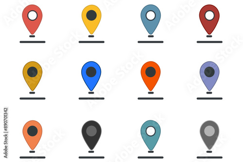 Set of color location icons, location marker on the map. Element for application website user interface design. Location pointer icon symbol in flat style. Red and black pin icon, navigation sign.