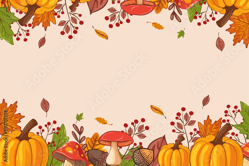 Banner, decorative frame with autumn decorations. Pumpkins, mushrooms, autumn leaves and berries. Thanksgiving holiday. Autumn harvest and harvest concept.