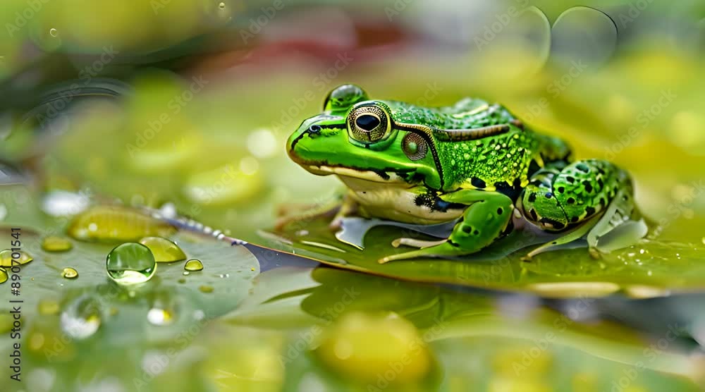 A green frog with black spots sits on a leaf. Generate AI Video A green frog with black spots sits on a leaf. Generate AI Video