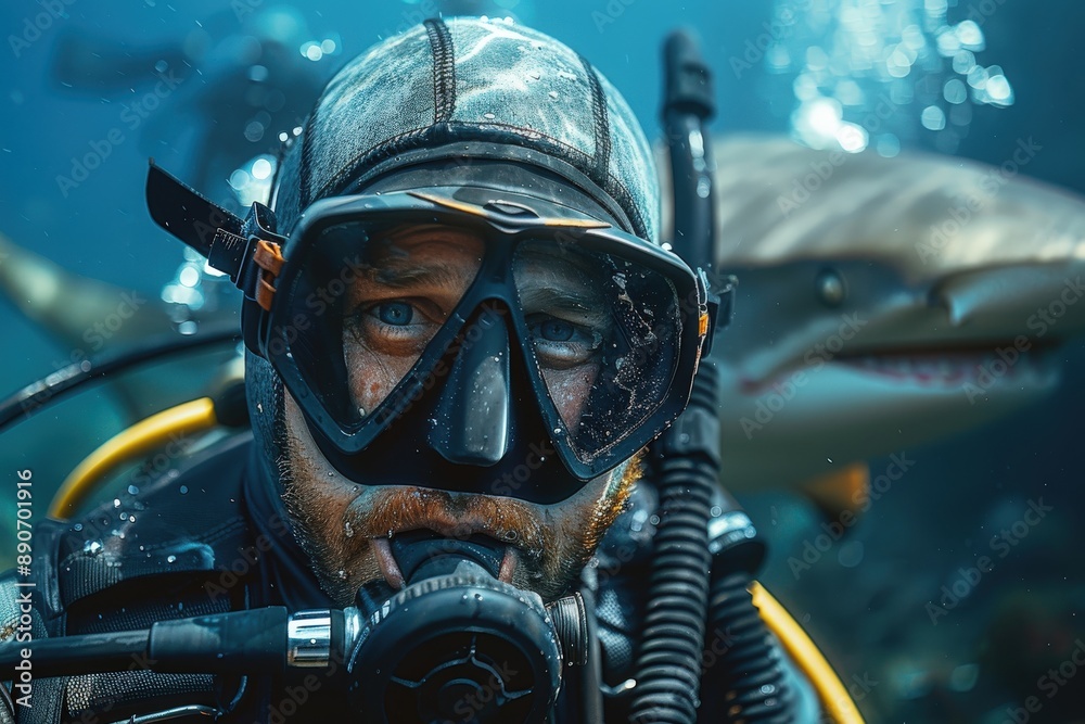 A thrilling underwater scene showcasing a diver with a shark in the background, capturing the adventure and beauty of underwater exploration perfect for marine and adventure stock. A thrilling underwater scene showcasing a diver with a shark in the background, capturing the adventure and beauty of underwater exploration perfect for marine and adventure stock.