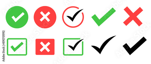 Checkmarks. A red icon indicates the task has not been completed, and a green checkmark has completed the task. A "yes" or "no" check mark in a green box and a red cross. Vector icons.