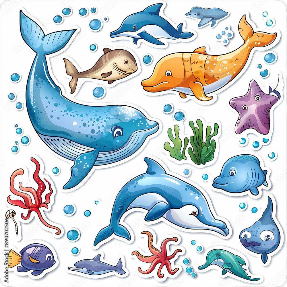 Sticker sheet featuring a variety of ocean animals, perfect for adding a marine touch to your crafts, planners, and scrapbooks Sticker sheet featuring a variety of ocean animals, perfect for adding a marine touch to your crafts, planners, and scrapbooks