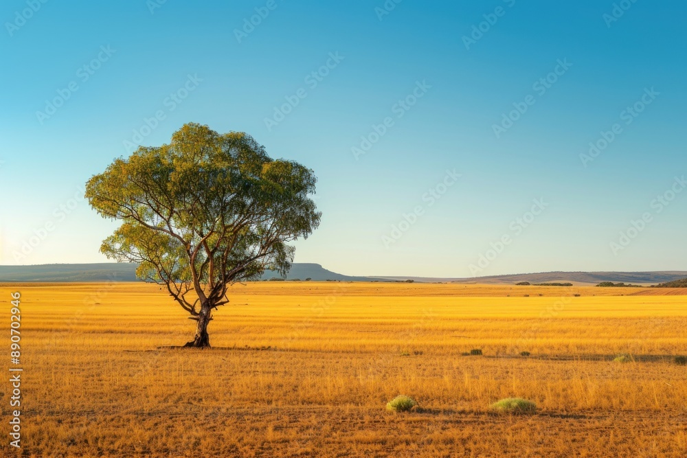 A lone tree stands in a vast, empty field A lone tree stands in a vast, empty field