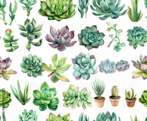Sticker sheet featuring watercolor illustrations of various succulent varieties, perfect for adding a botanical touch to your creative projects